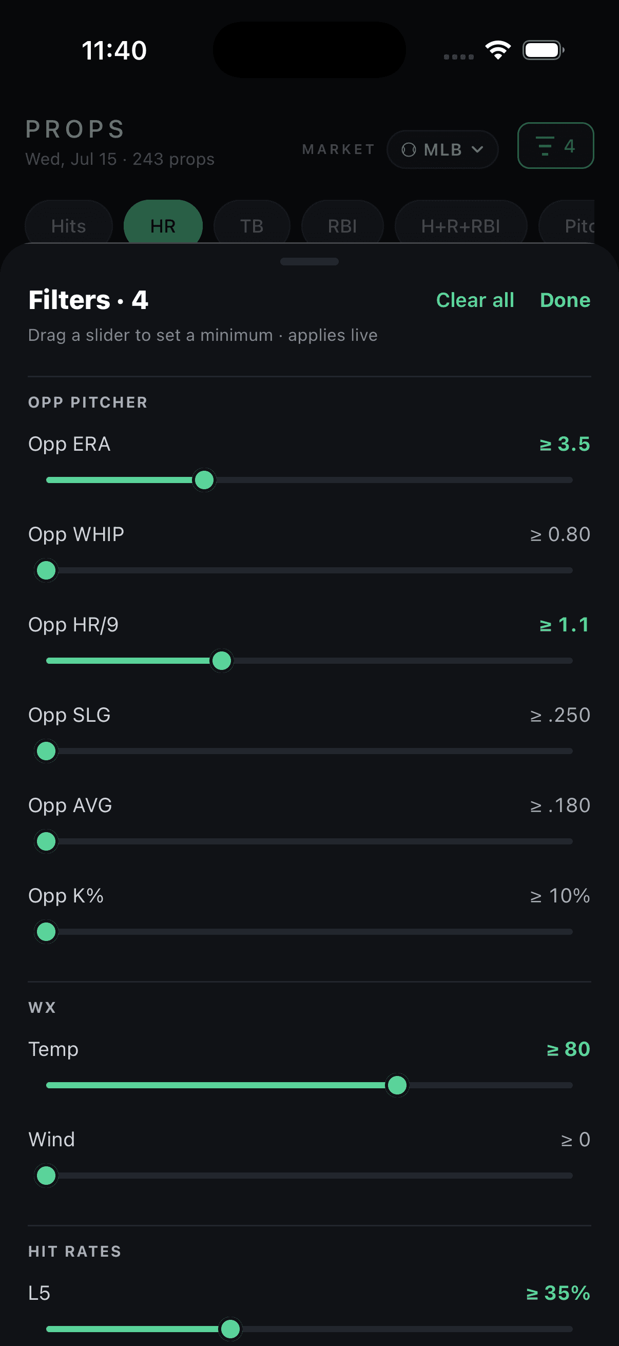 ParlayLab — live prop filters